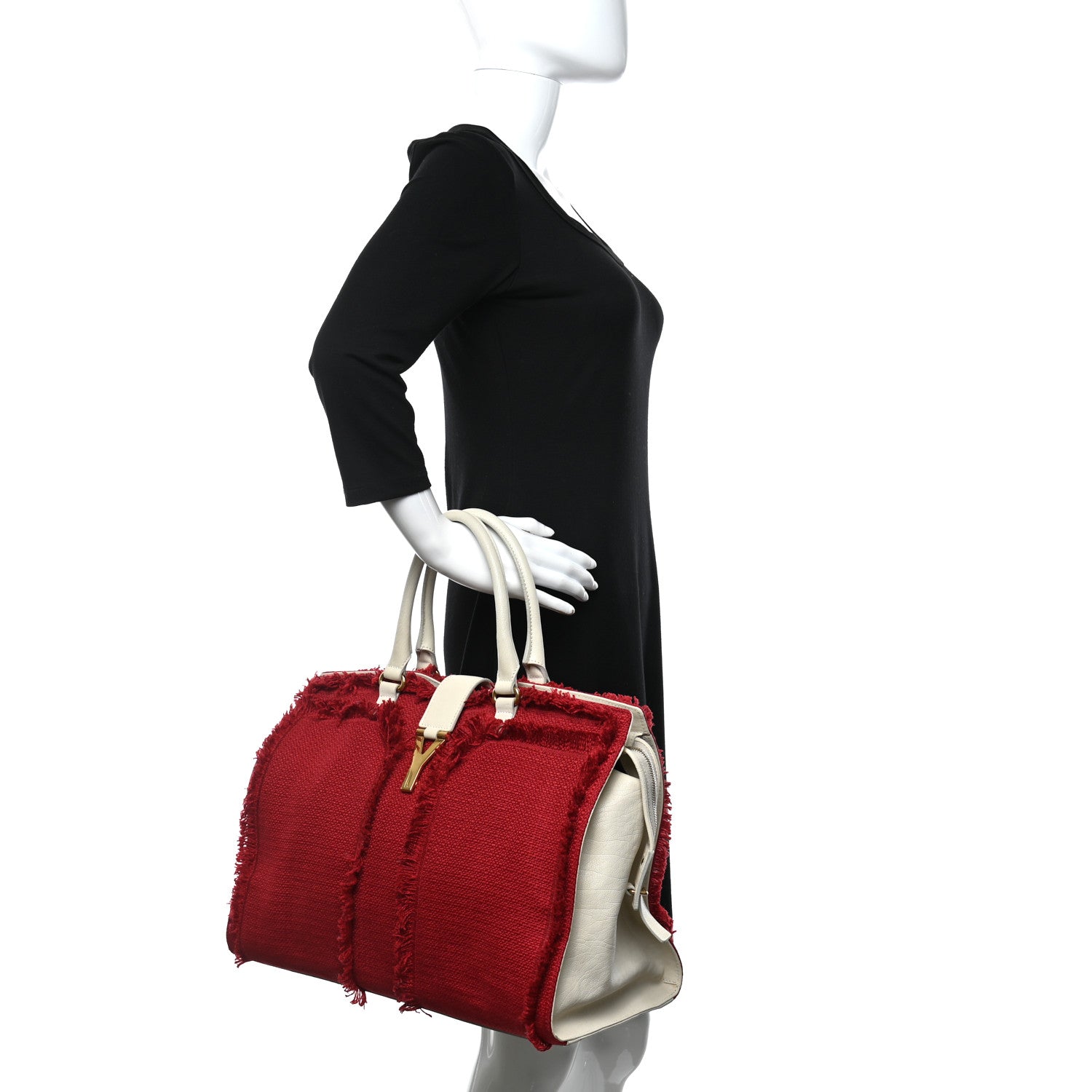 Saint Laurent Linen Sheepskin Large Cabas ChYc Tote Red 2 of 16