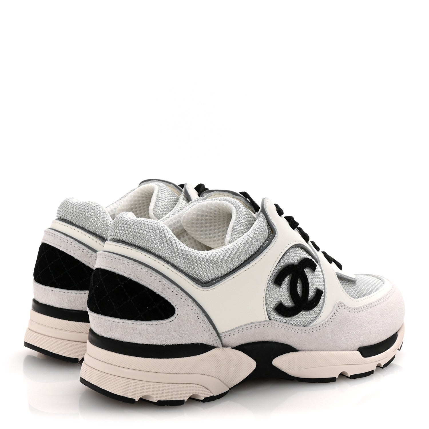 Chanel Calfskin Fabric Womens CC Sneakers 37 White Silver Light
