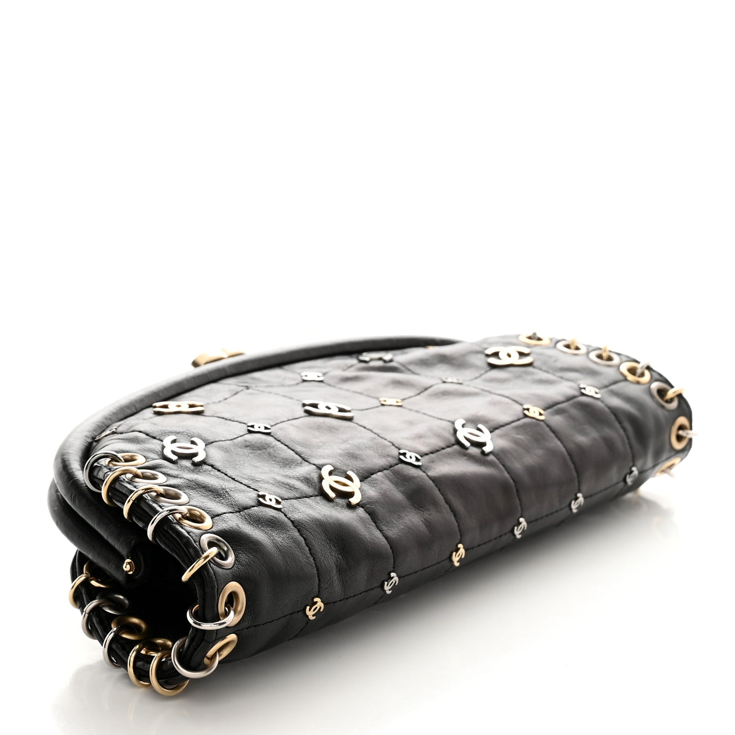 Calfskin Square Quilted Grommet Embellished Piercing Chic Clutch Black