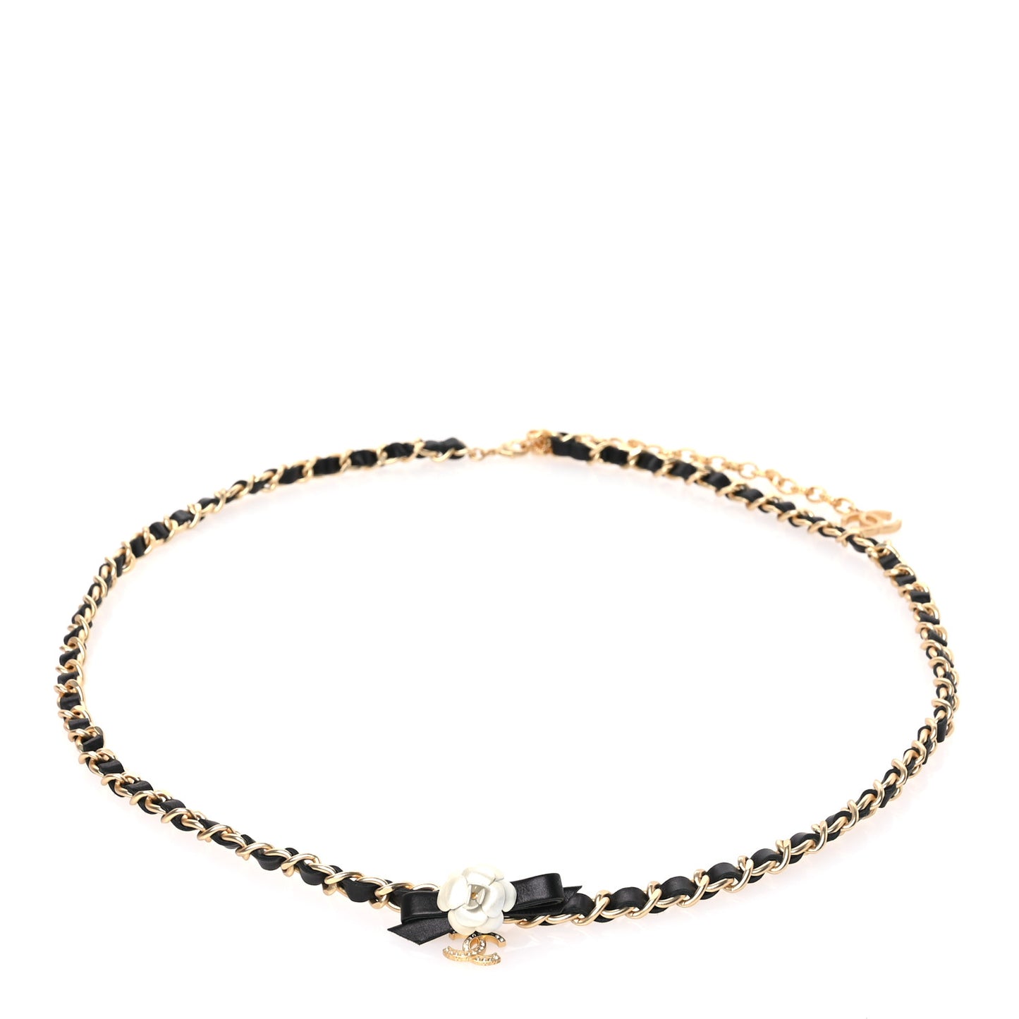 Calfskin Crystal Chain Camellia Belt Black Gold