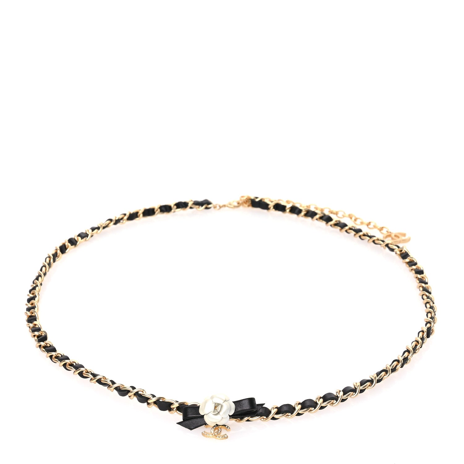 Chanel Calfskin Crystal Chain Camellia Belt Black Gold 1 of 4