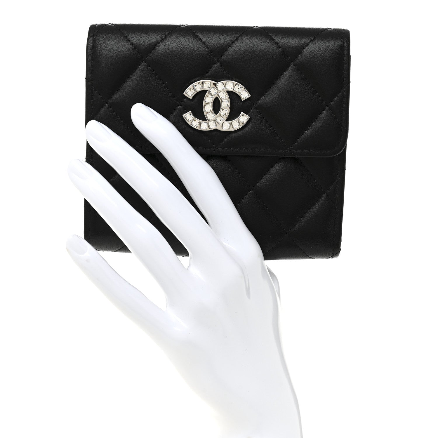 Chanel Lambskin Quilted Baguette Crystal Small Compact Wallet Black 2 of 8