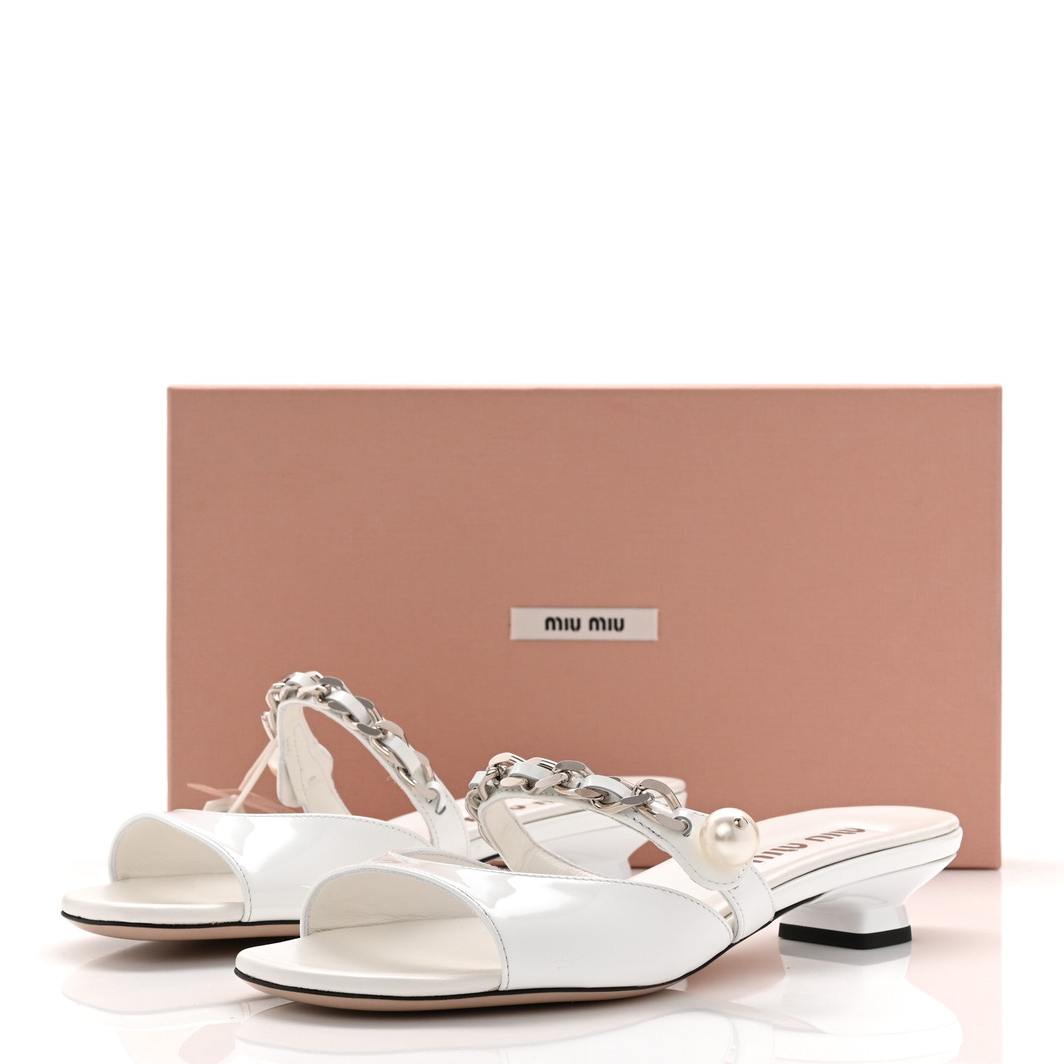 Miu Miu Vernice Chain Pearl Mules 38 White 9 of 9