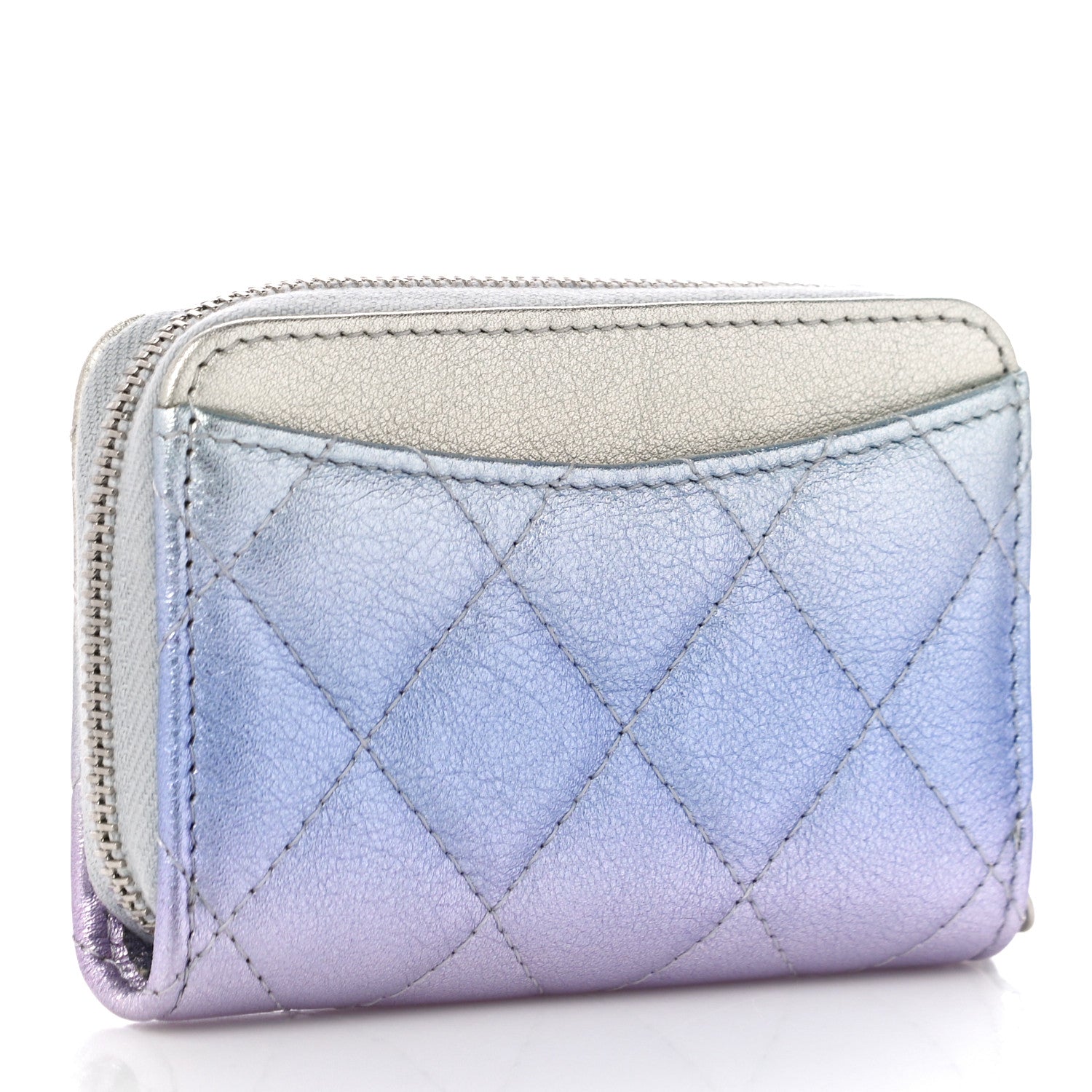Chanel Gradient Metallic Calfskin Quilted Zip Around Coin Purse Wallet Silver Blue Yellow Purple 3 of 11