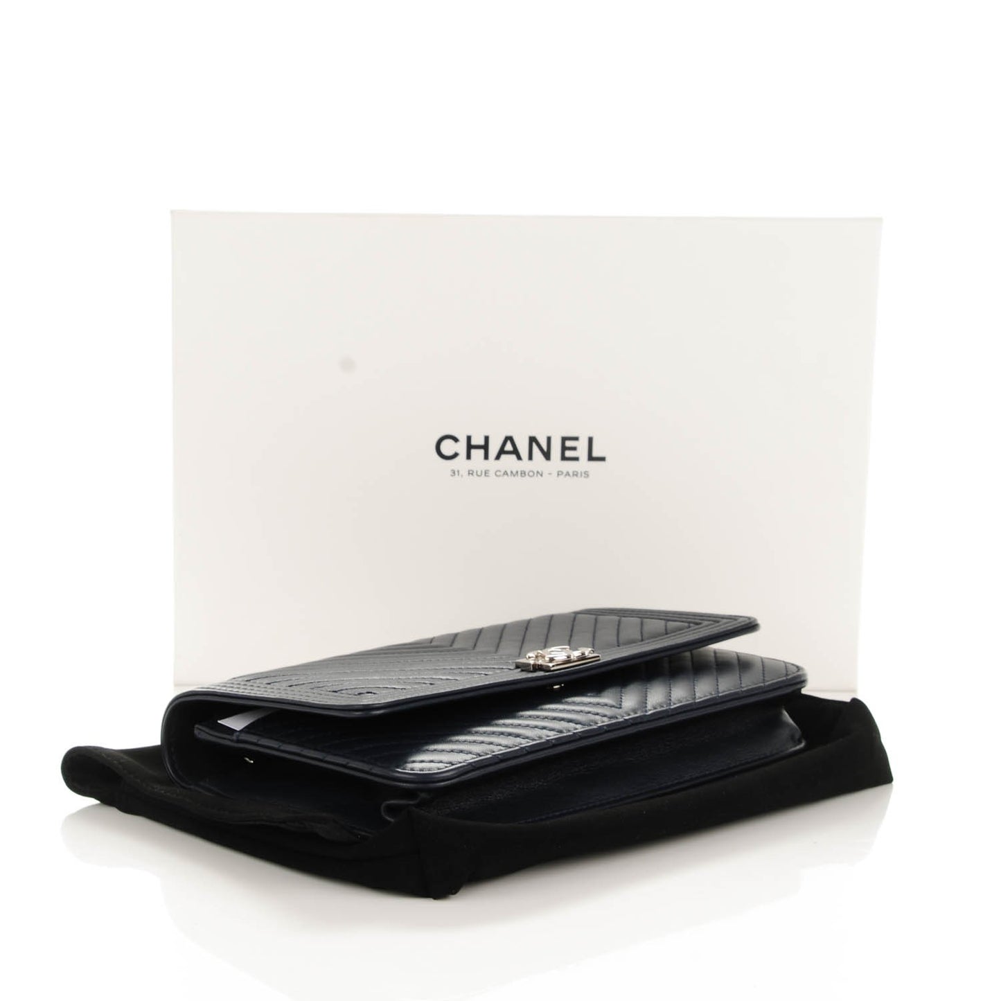 Calfskin Chevron Quilted Boy Wallet On Chain WOC Navy Blue