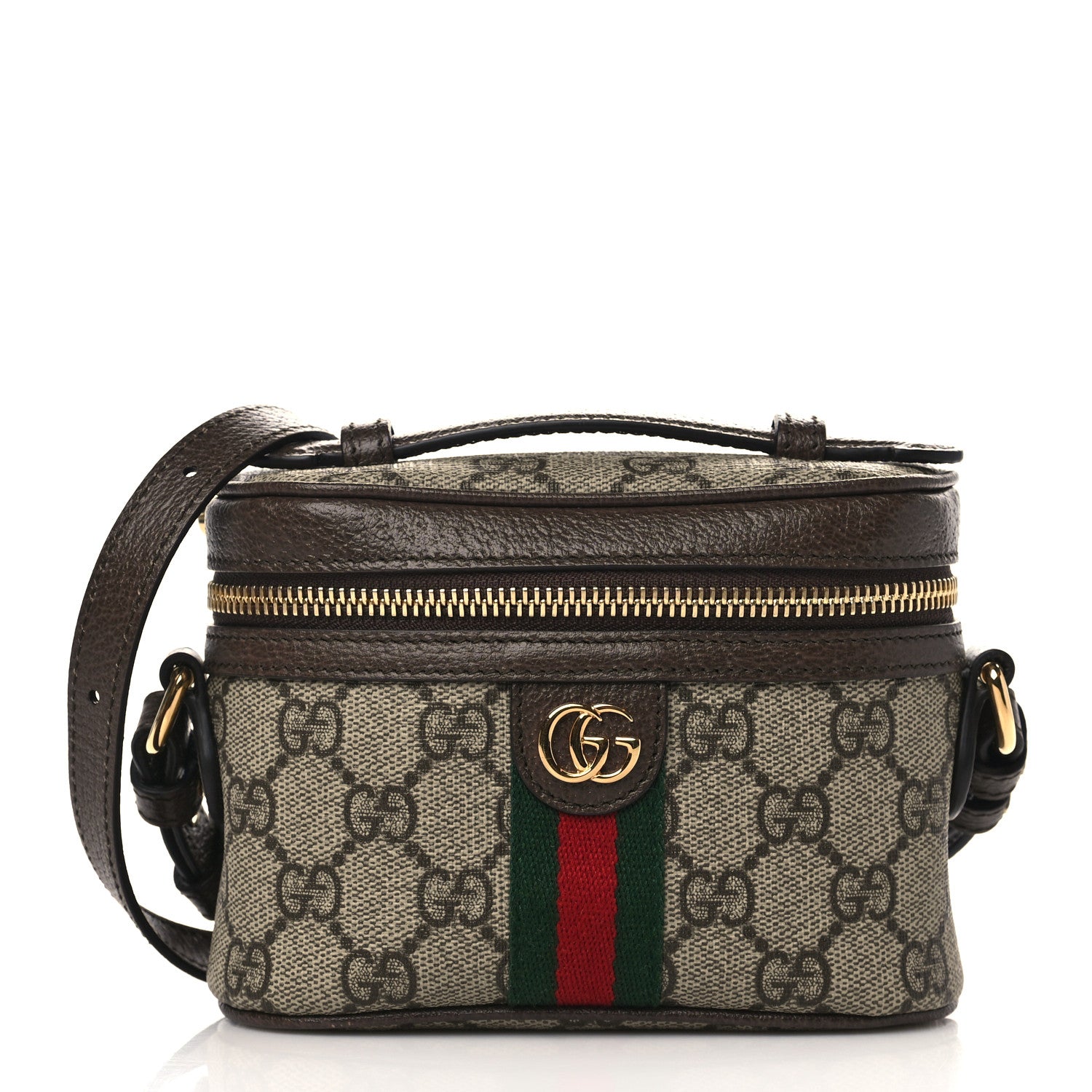 Gucci GG Supreme Monogram Textured Calfskin Web Mini Ophidia Top Handle Bag Beige Ebony New Acero 1 of 9