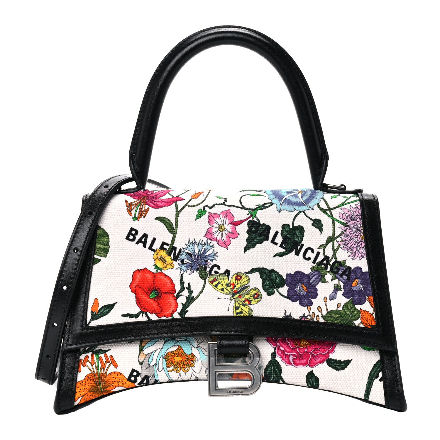 Balenciaga X GUCCI Canvas Boarded Plutone Calfskin Flora Logo Print Small Hourglass Top Handle Bag White Multicolor Black 1 of 11