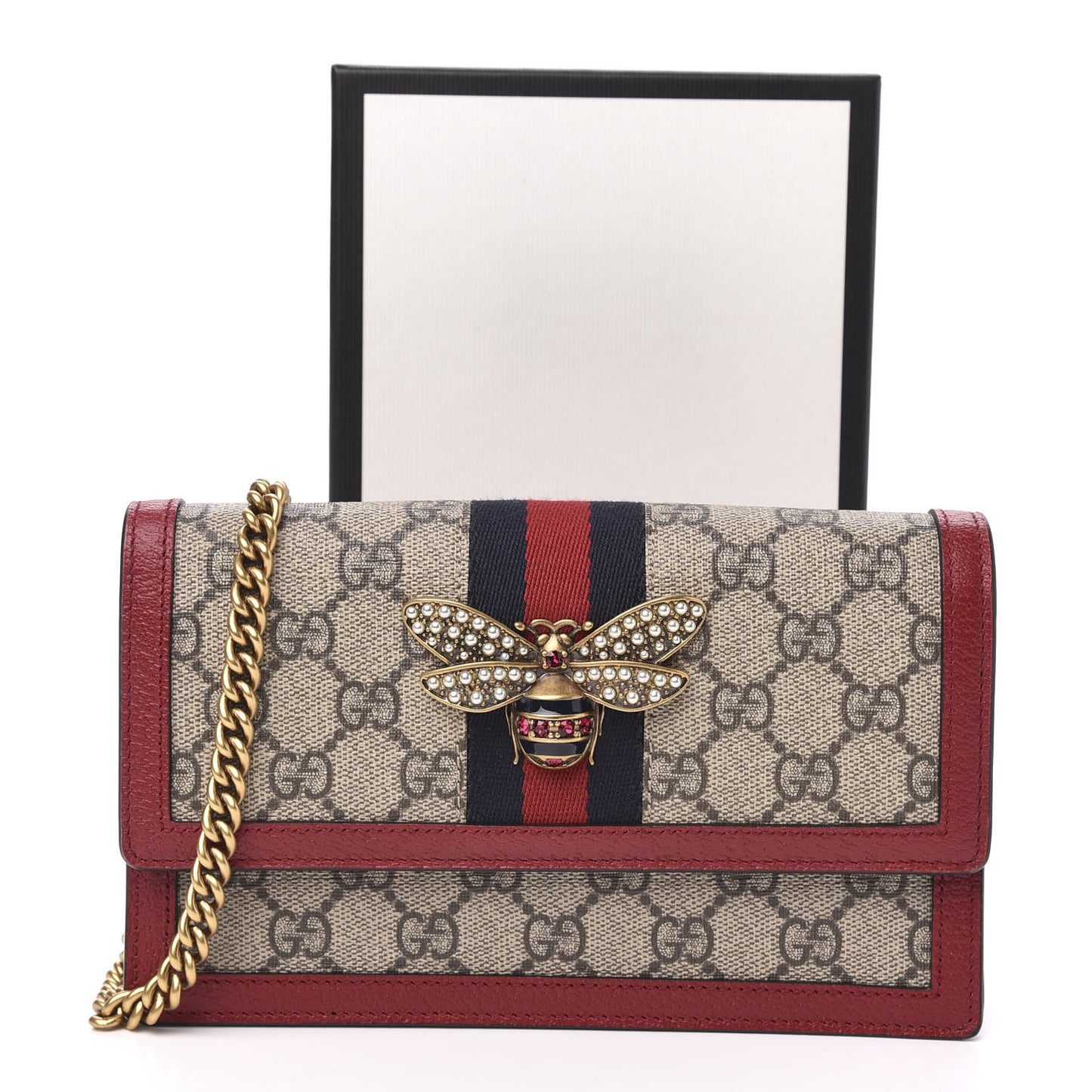 GG Supreme Monogram Web Queen Margaret Chain Wallet Red