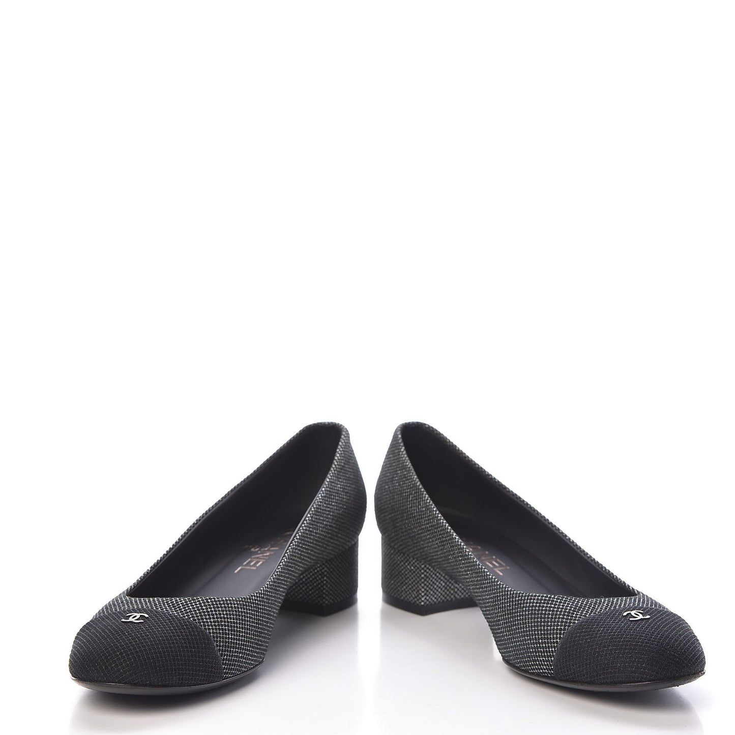 Metallic Mesh Quilted CC Cap Toe Pumps 38.5 Black Silver