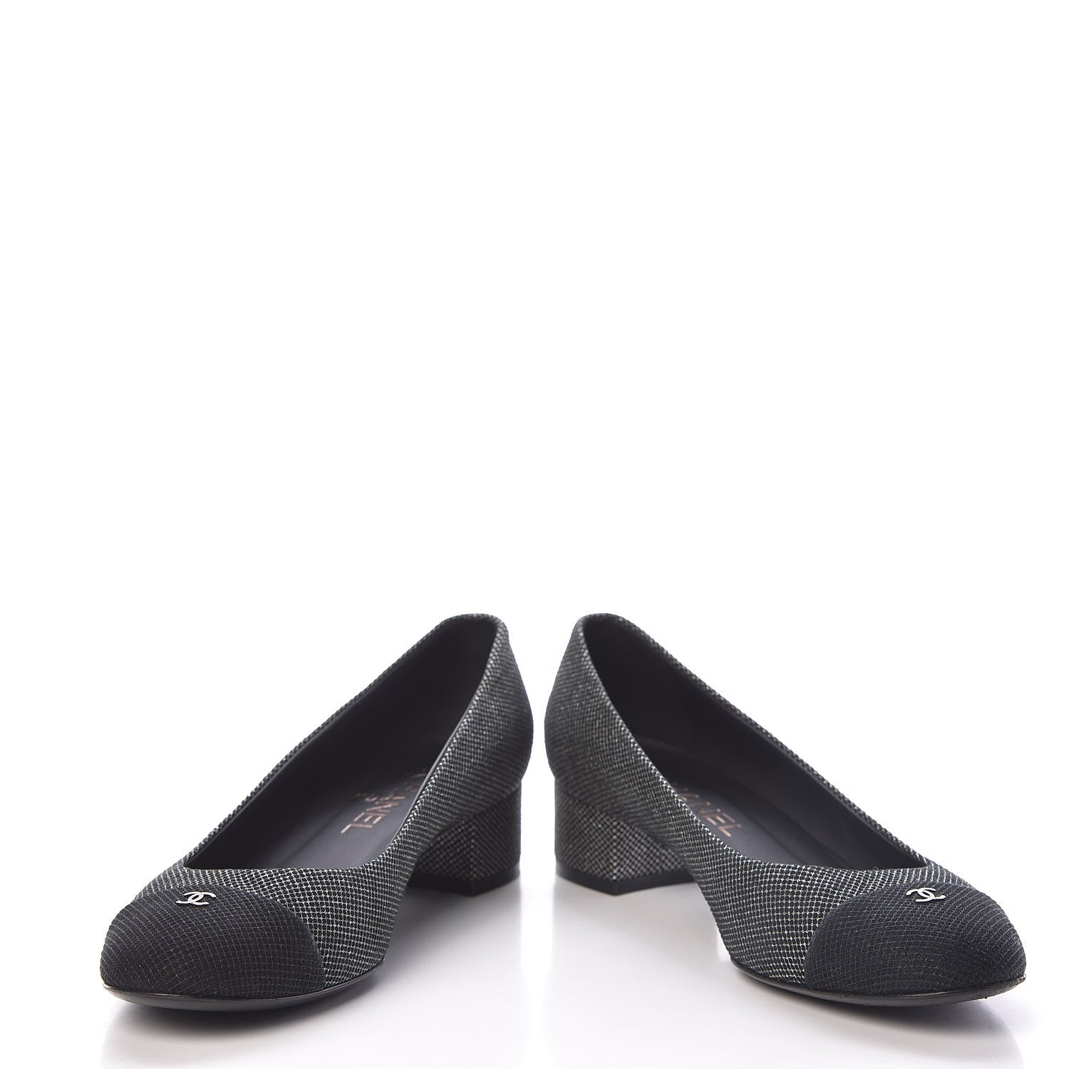 Chanel Metallic Mesh Quilted CC Cap Toe Pumps 38.5 Black Silver 5 of 12