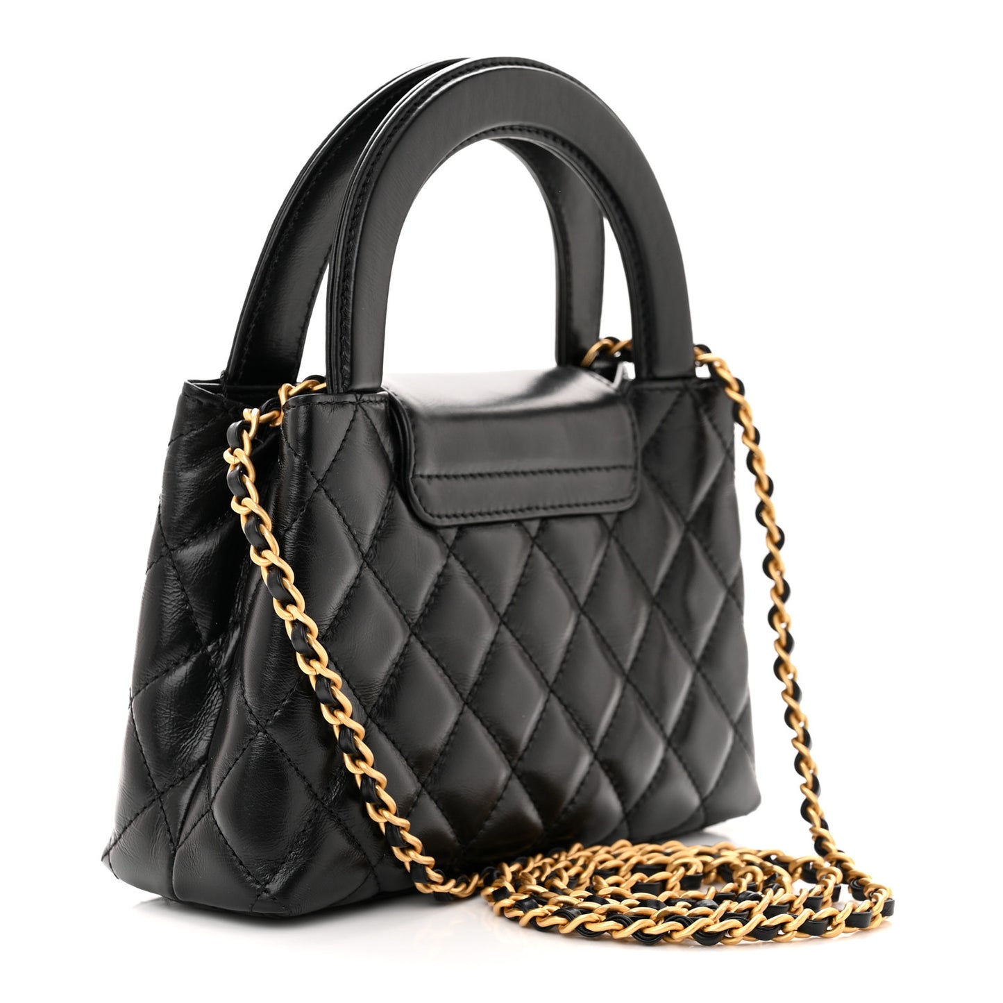 Shiny Aged Calfskin Quilted Nano Kelly Shopper Black