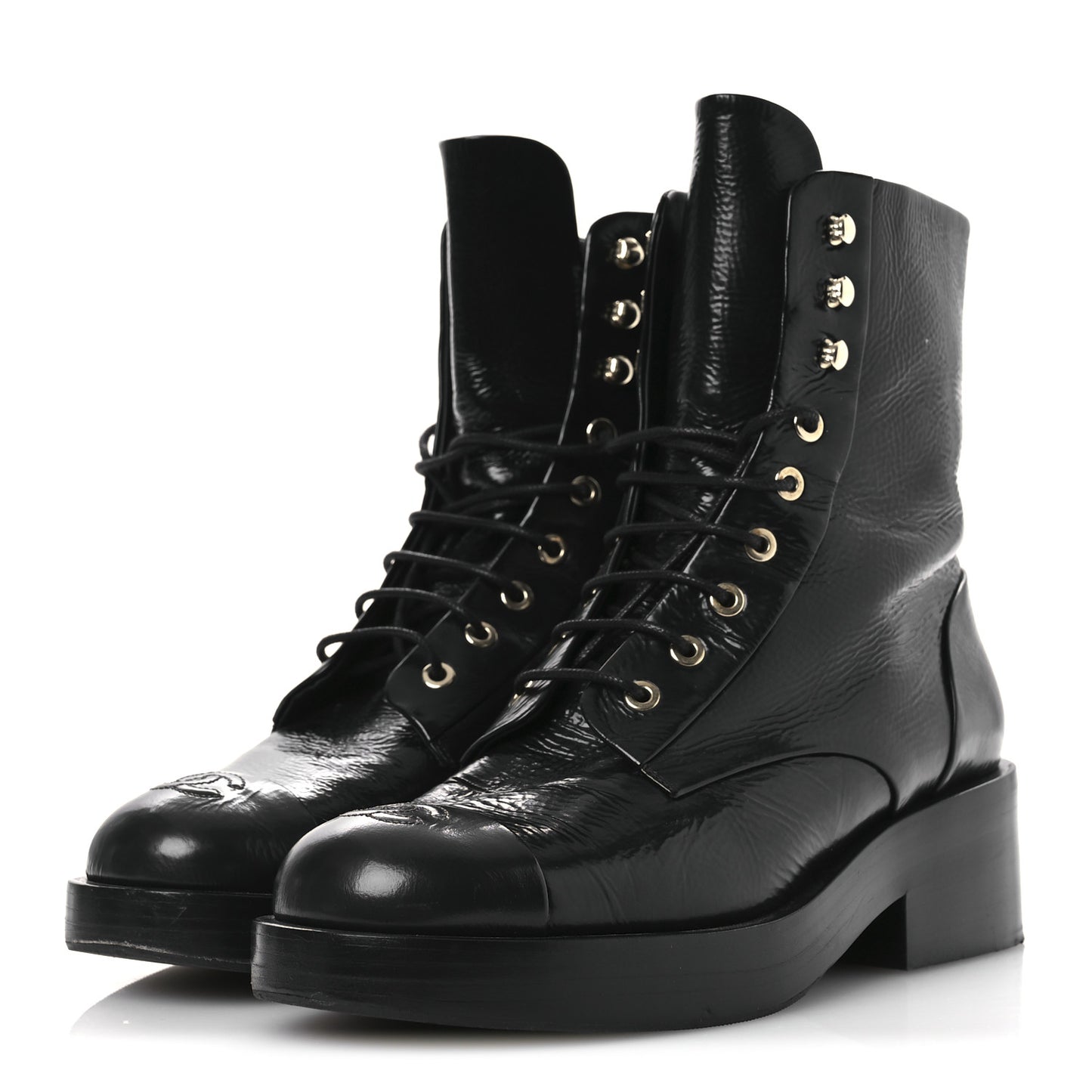 Shiny Goatskin Cap Toe Combat Boots 39.5 Black