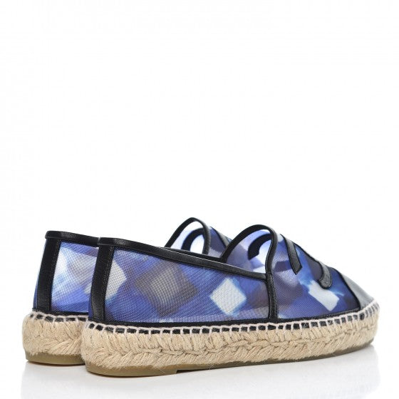 Mesh Lambskin Check Print CC Espadrilles 35 Blue Black White