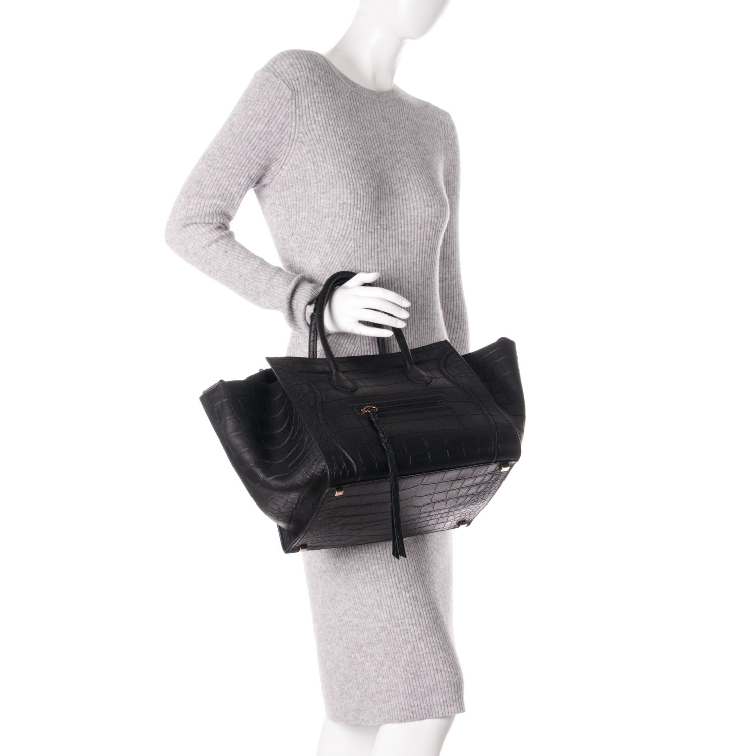 Celine Crocodile Embossed Calfskin Medium Phantom Luggage Black 2 of 7