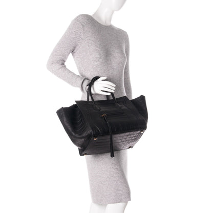 Celine Crocodile Embossed Calfskin Medium Phantom Luggage Black 2 of 7