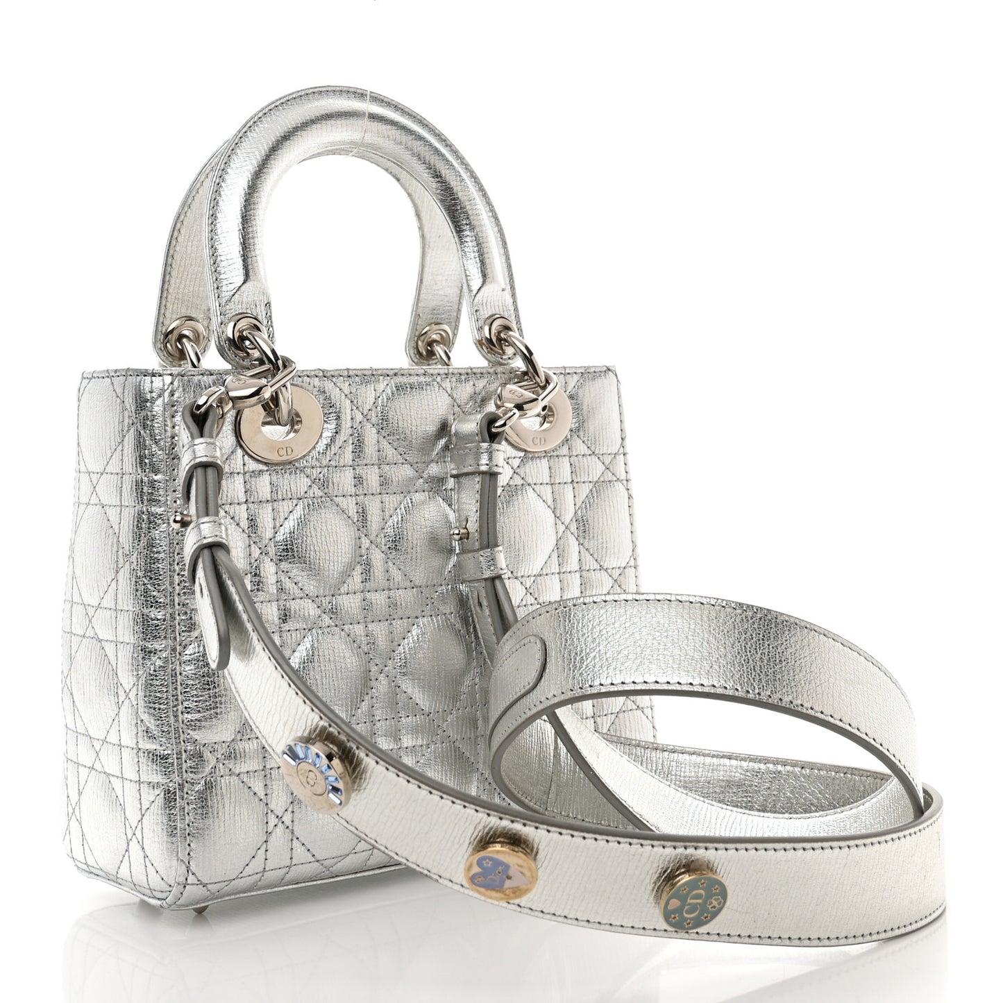 Metallic Grained Calfskin Cannage Small Lucky Badges My Lady Dior Silver