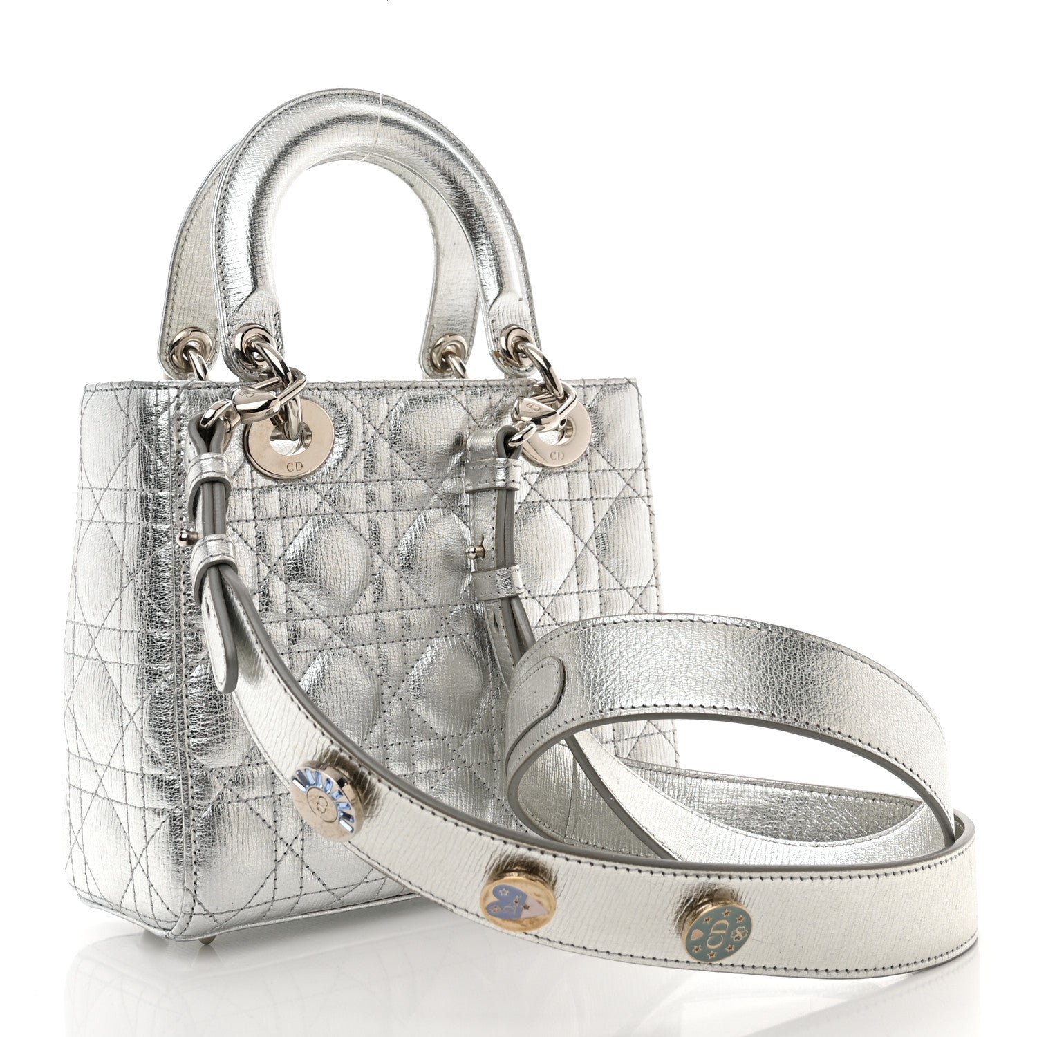 Christian Dior Metallic Grained Calfskin Cannage Small Lucky Badges My Lady Dior Silver 3 of 12