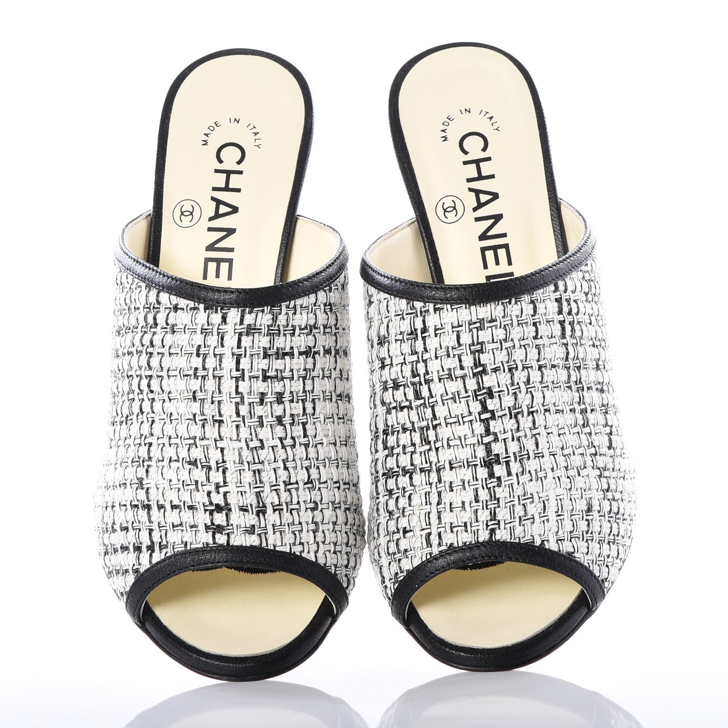 Tweed Goatskin Pearl Mules 35.5 Grey Beige Black