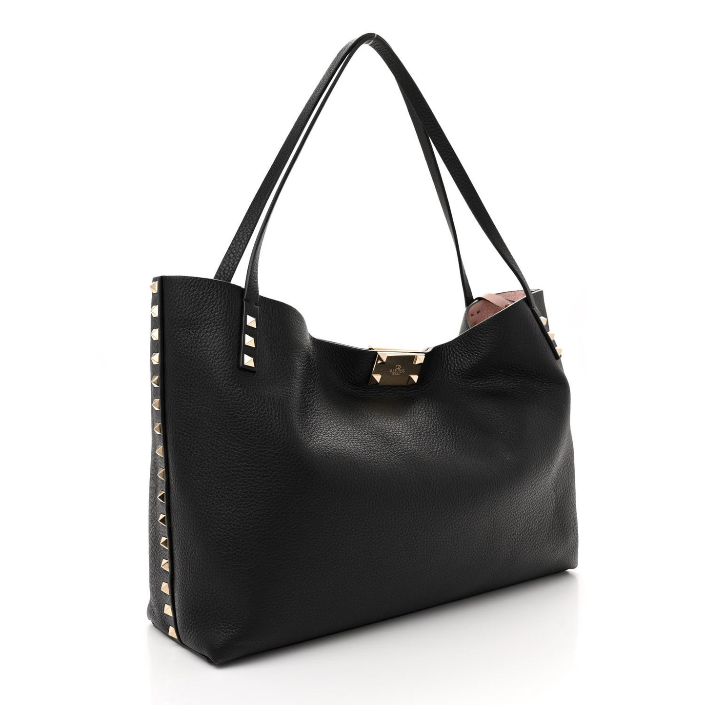 Grainy Calfskin Medium Rockstud Tote Black Rose Quartz