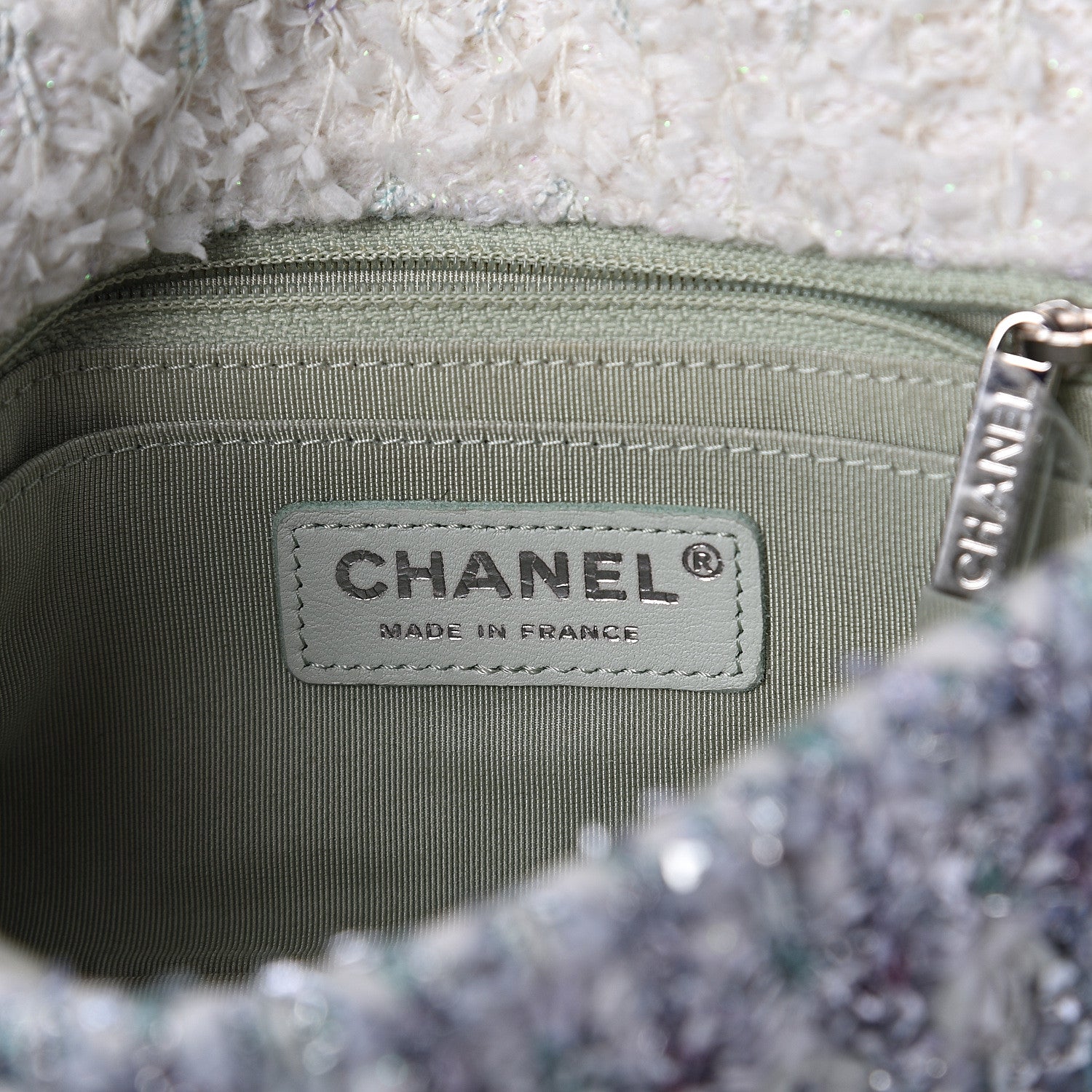 Chanel Tweed Quilted Mini Rectangular Flap Light Green Silver White 5 of 10