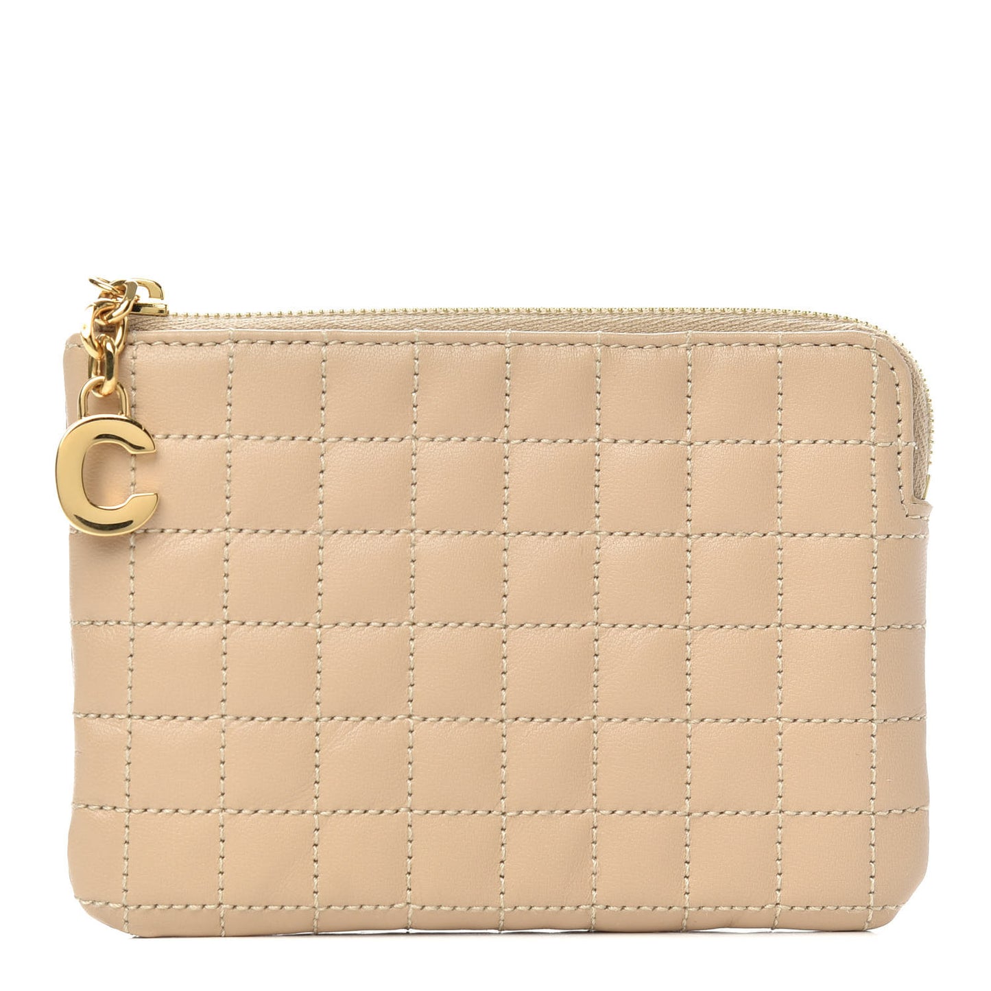 Calfskin Quilted C Charm Coin Card Pouch Nude