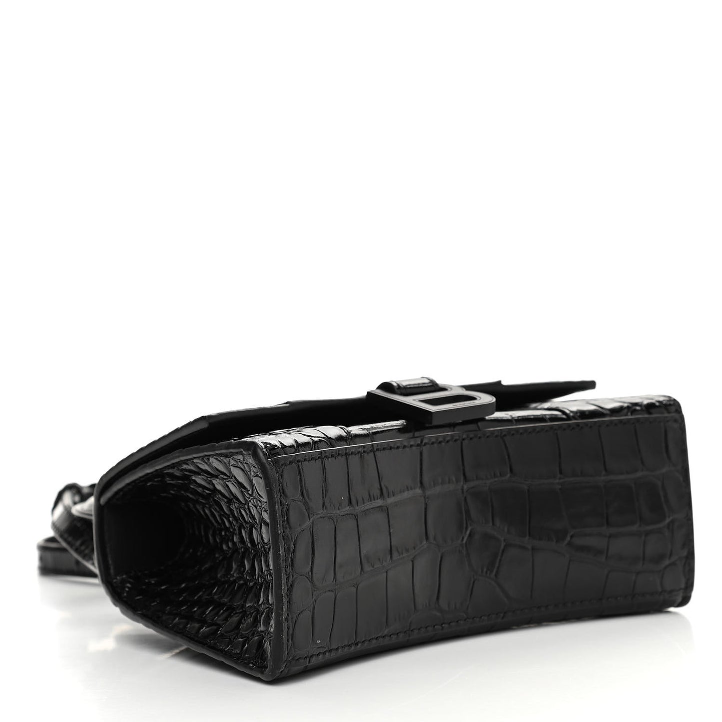 Shiny Calfskin Monochrome Crocodile Embossed Hourglass Top Handle Bag XS Black
