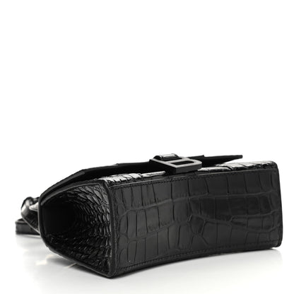 Balenciaga Shiny Calfskin Monochrome Crocodile Embossed Hourglass Top Handle Bag XS Black 4 of 12