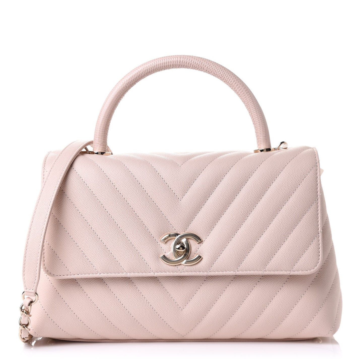 Caviar Lizard Embossed Chevron Quilted Small Coco Handle Flap Beige