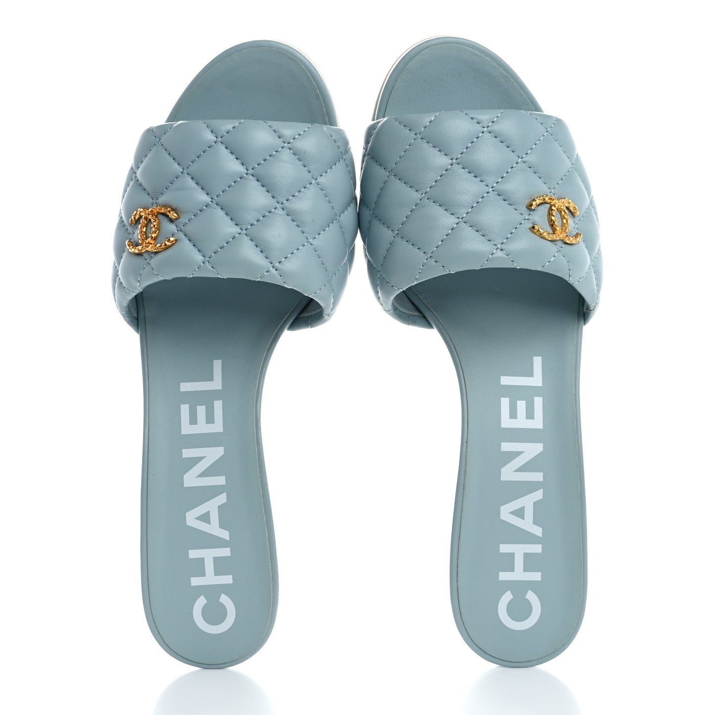 Lambskin Quilted Textured CC Mules 39 Light Blue