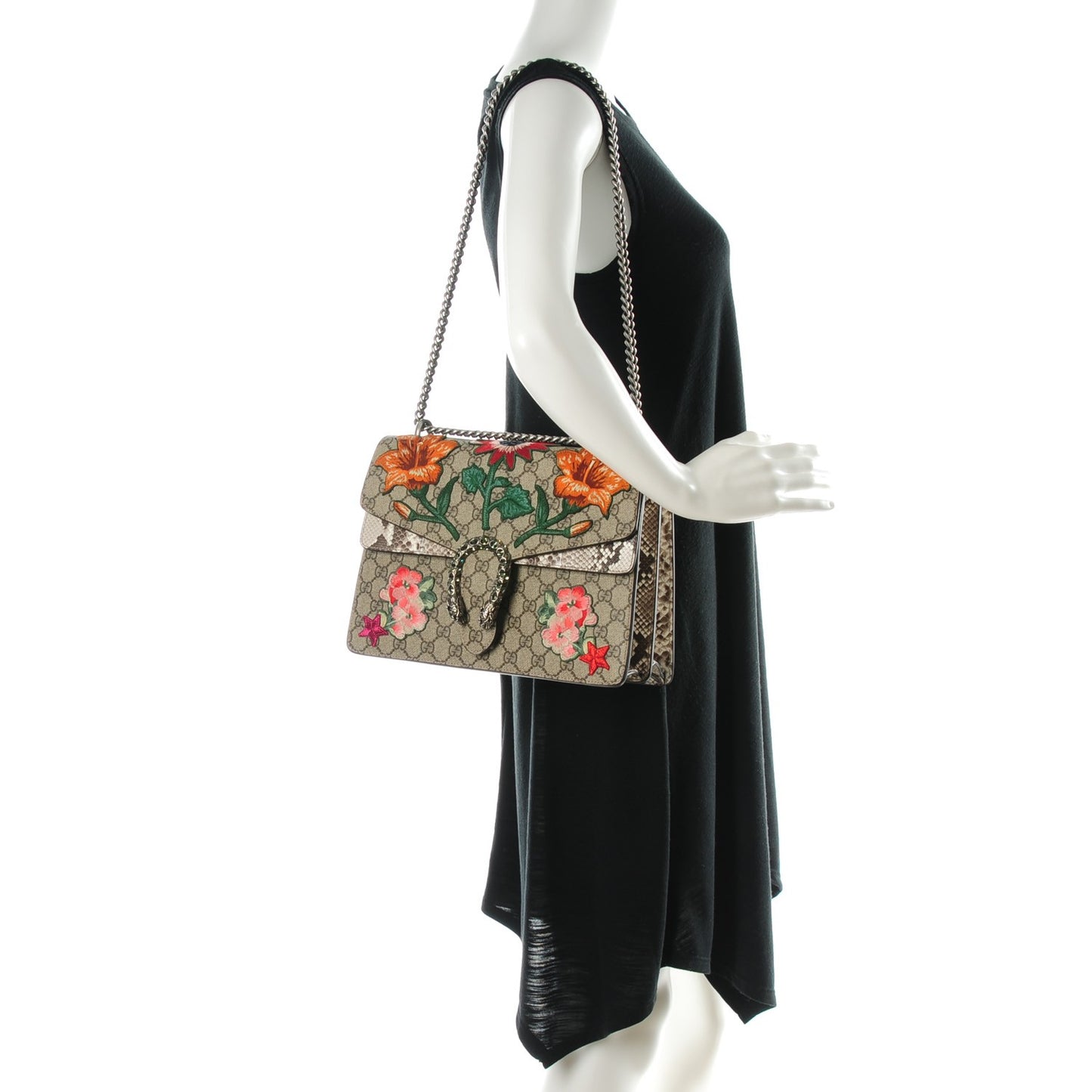 GG Supreme Monogram Python Flower Embroidered Medium Dionysus Shoulder Bag Beige Orange