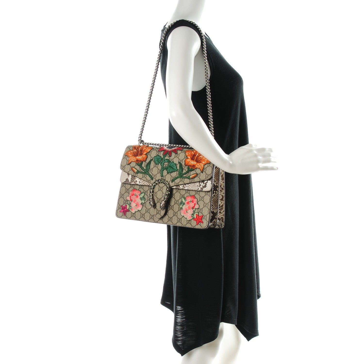 Gucci GG Supreme Monogram Python Flower Embroidered Medium Dionysus Shoulder Bag Beige Orange 2 of 7