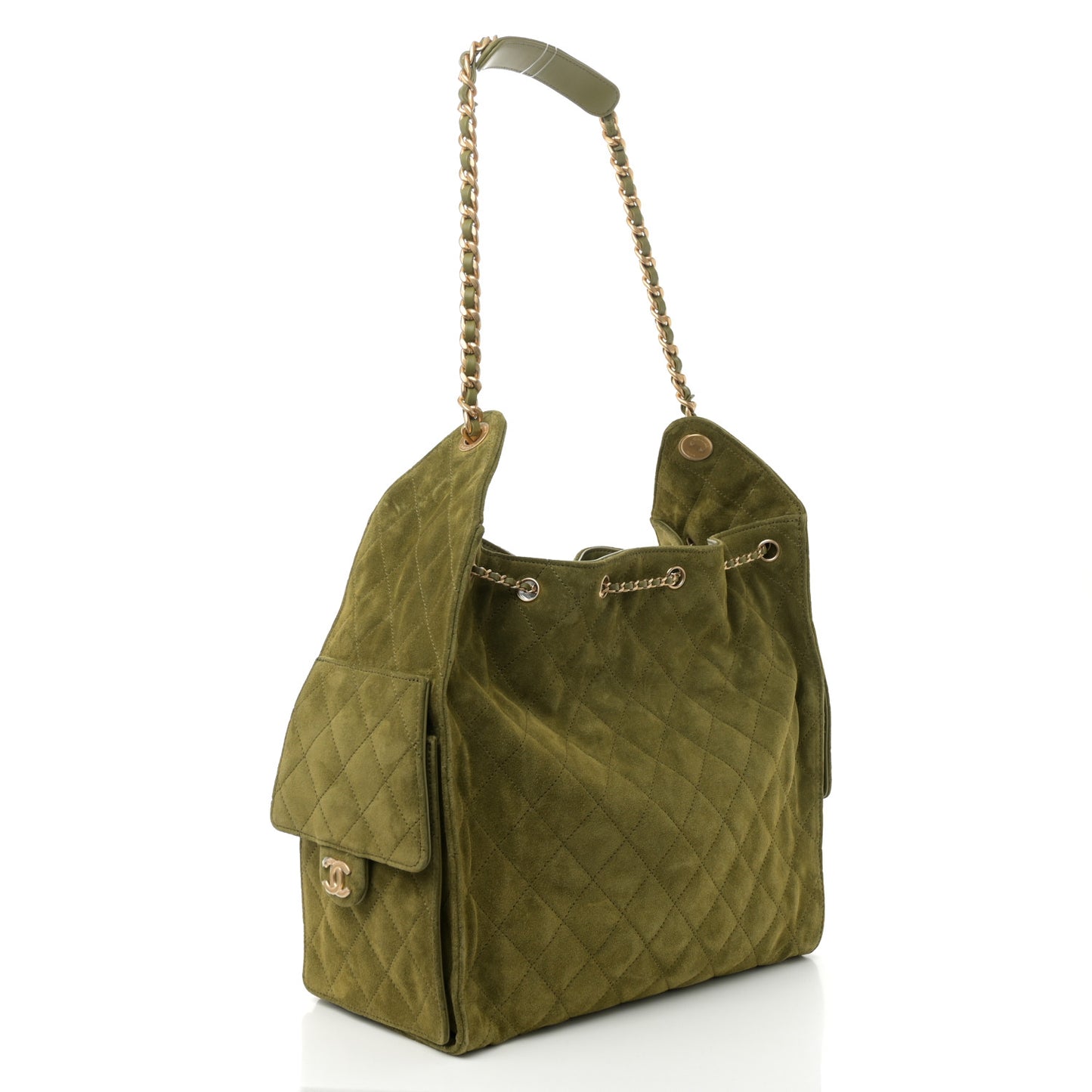 Suede Quilted Medium Chanel 25 Handbag Khaki