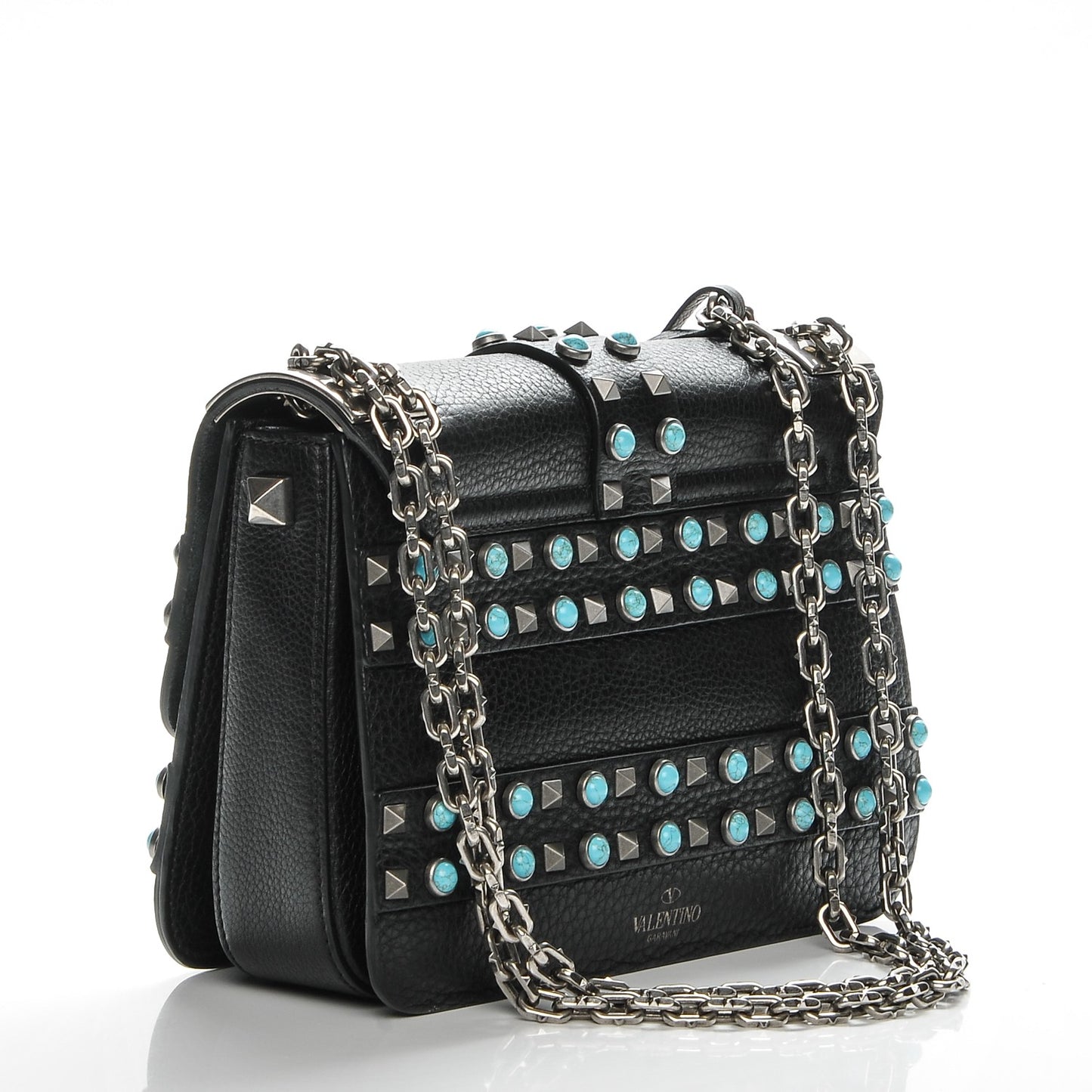 Pebbled Calfskin B-Rockstud Rolling Flap Black