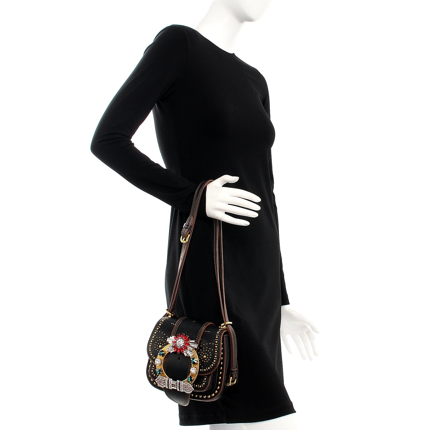 Miu Miu Studded Goatskin Jewel Buckle Dahlia Shoulder Bag Nero Black 2 of 8