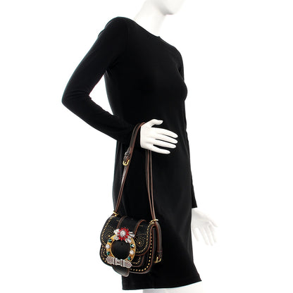 Miu Miu Studded Goatskin Jewel Buckle Dahlia Shoulder Bag Nero Black 2 of 8