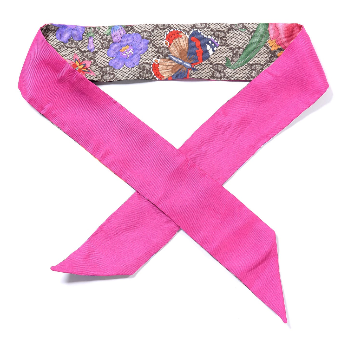 Silk Monogram GG Flora Print Neck Bow Fuchsia