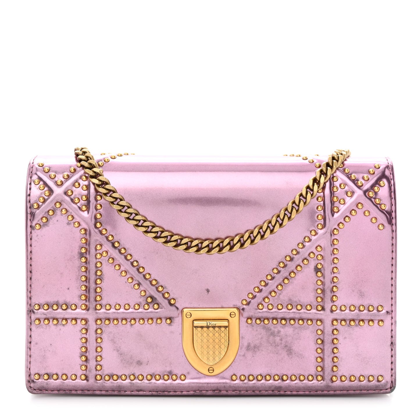Metallic Patent Studded Diorama Wallet on Chain Pouch Pink