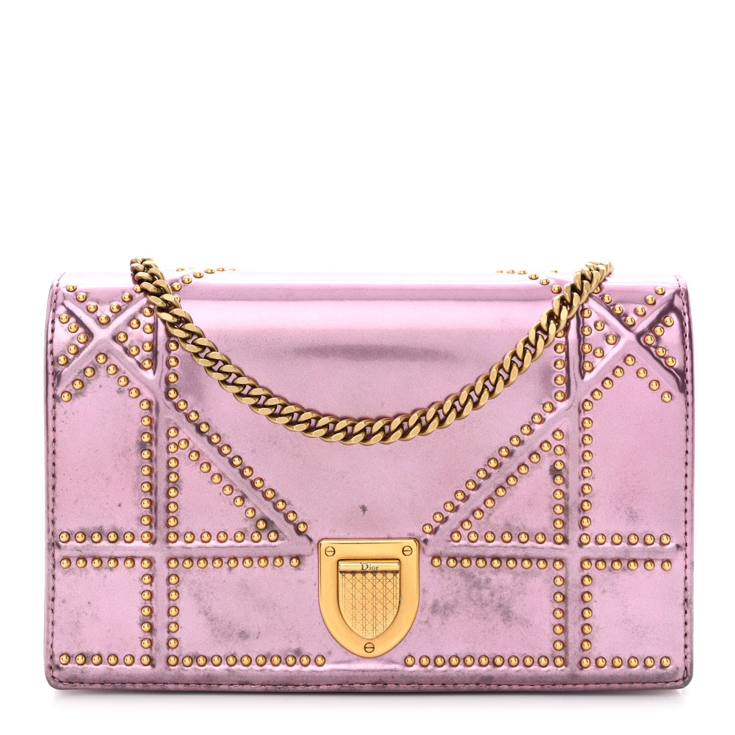 Christian Dior Metallic Patent Studded Diorama Wallet on Chain Pouch Pink 1 of 13