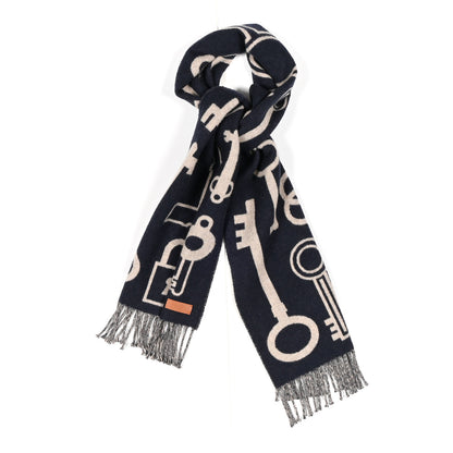 Hermes Cashmere Casaque Porte-Clefs Muffler Marine Beige Chine 1 of 4