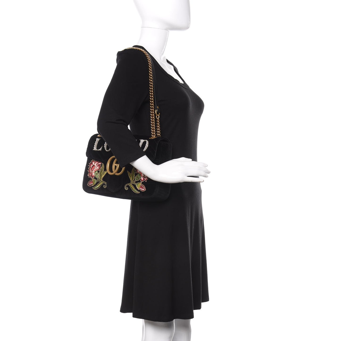 Velvet Matelasse Loved Embroidered Medium GG Marmont Shoulder Bag Black