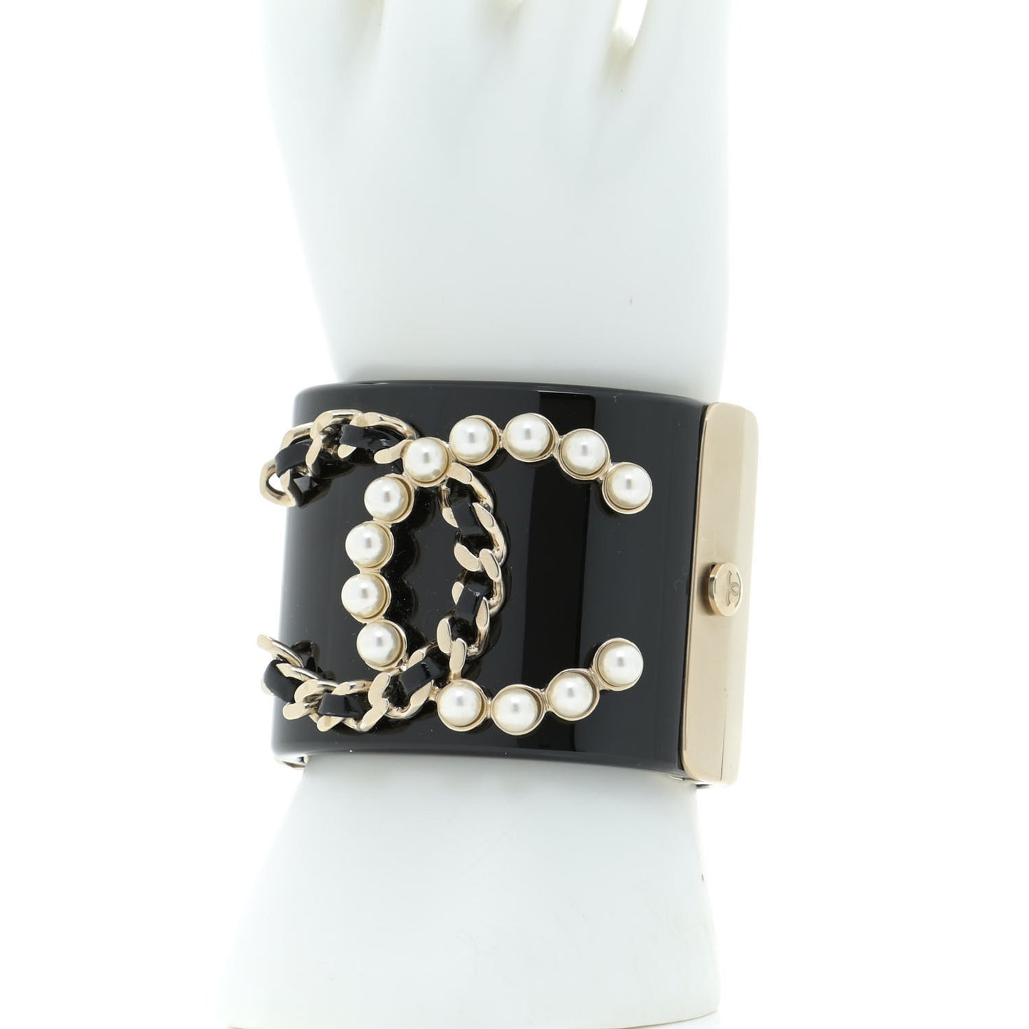 Resin Pearl Lambskin CC Cuff Bracelet Black