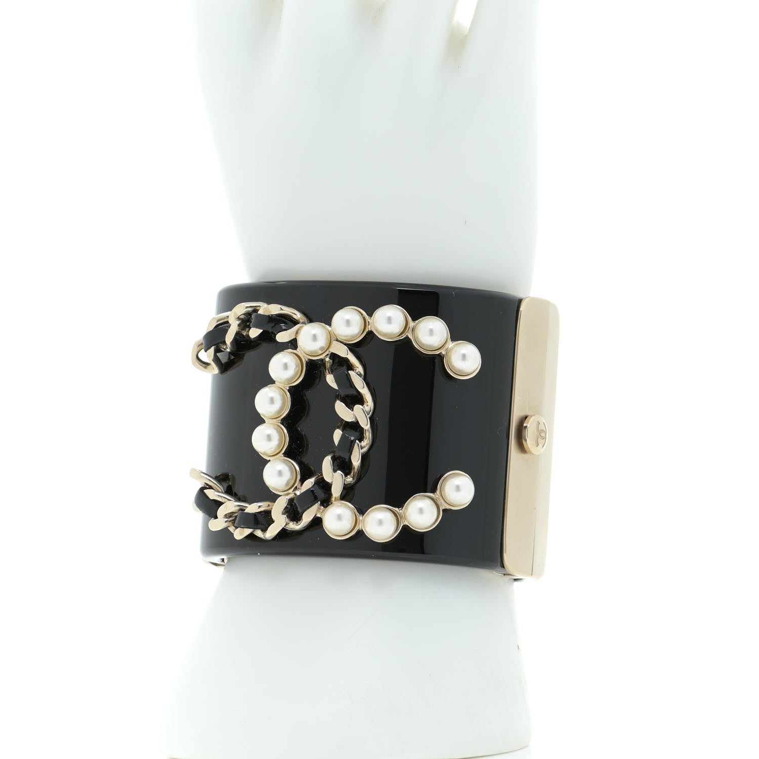 Chanel Resin Pearl Lambskin CC Cuff Bracelet Black 2 of 7