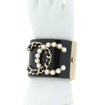 Chanel Resin Pearl Lambskin CC Cuff Bracelet Black 2 of 7
