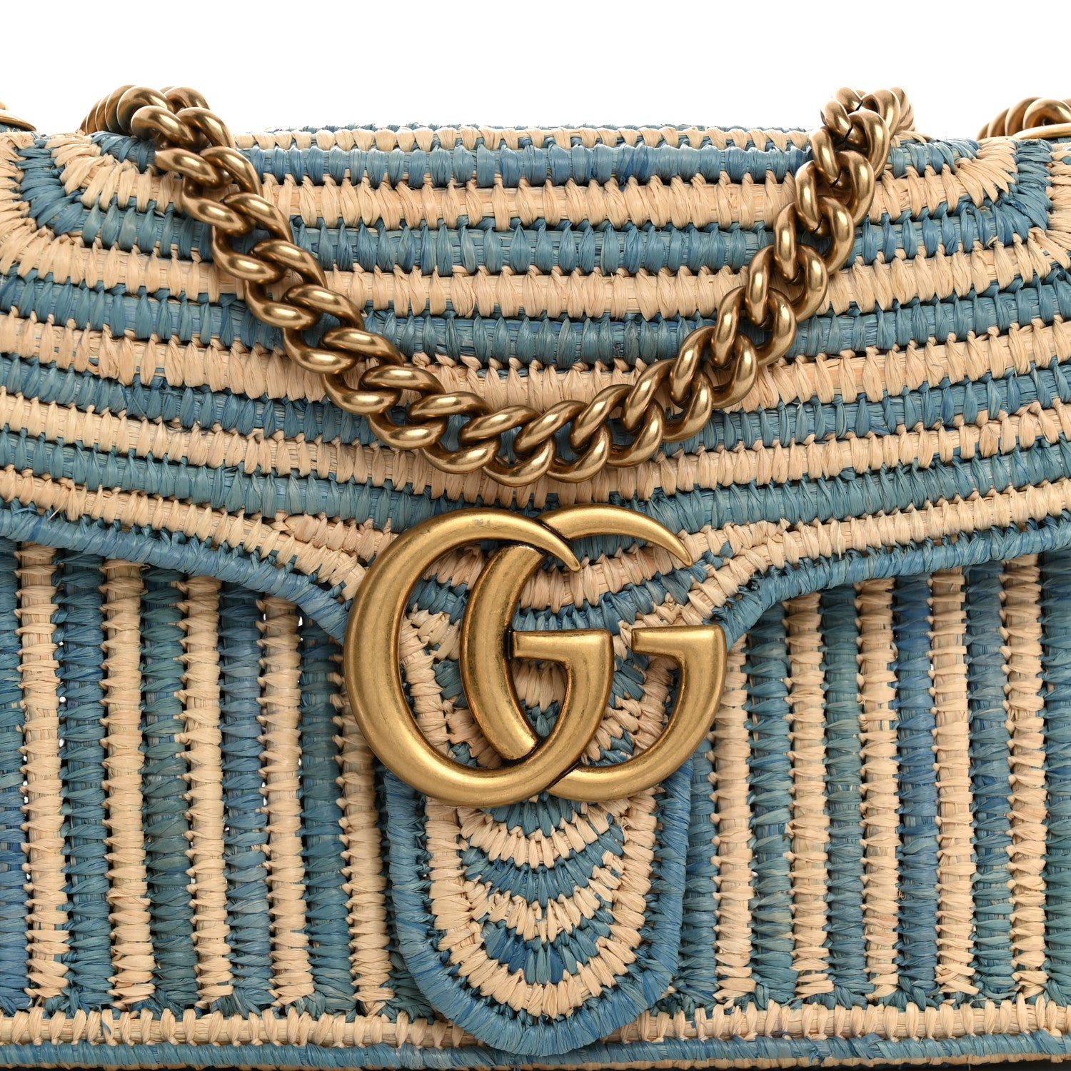 Gucci Raffia Woven Small GG Marmont Shoulder Bag Natural Light Blue 8 of 10