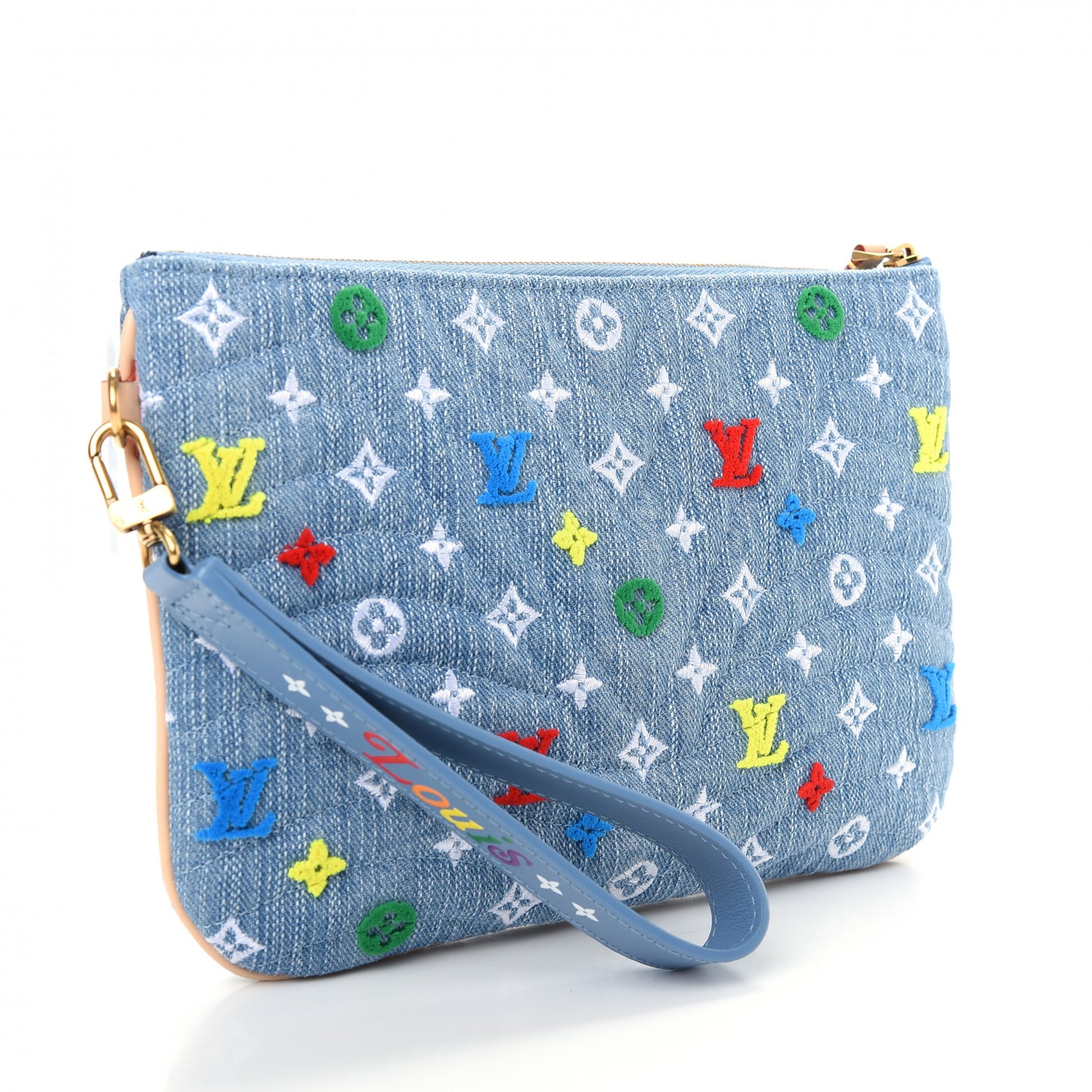 Embroidered Monogram Denim New Wave Zipped Pochette Blue