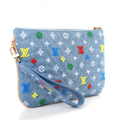 Louis Vuitton Embroidered Monogram Denim New Wave Zipped Pochette Blue 3 of 7