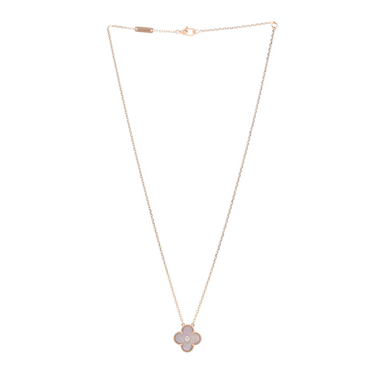 18K Rose Gold Diamond Pink Mother of Pearl Vintage Alhambra Pendant Necklace