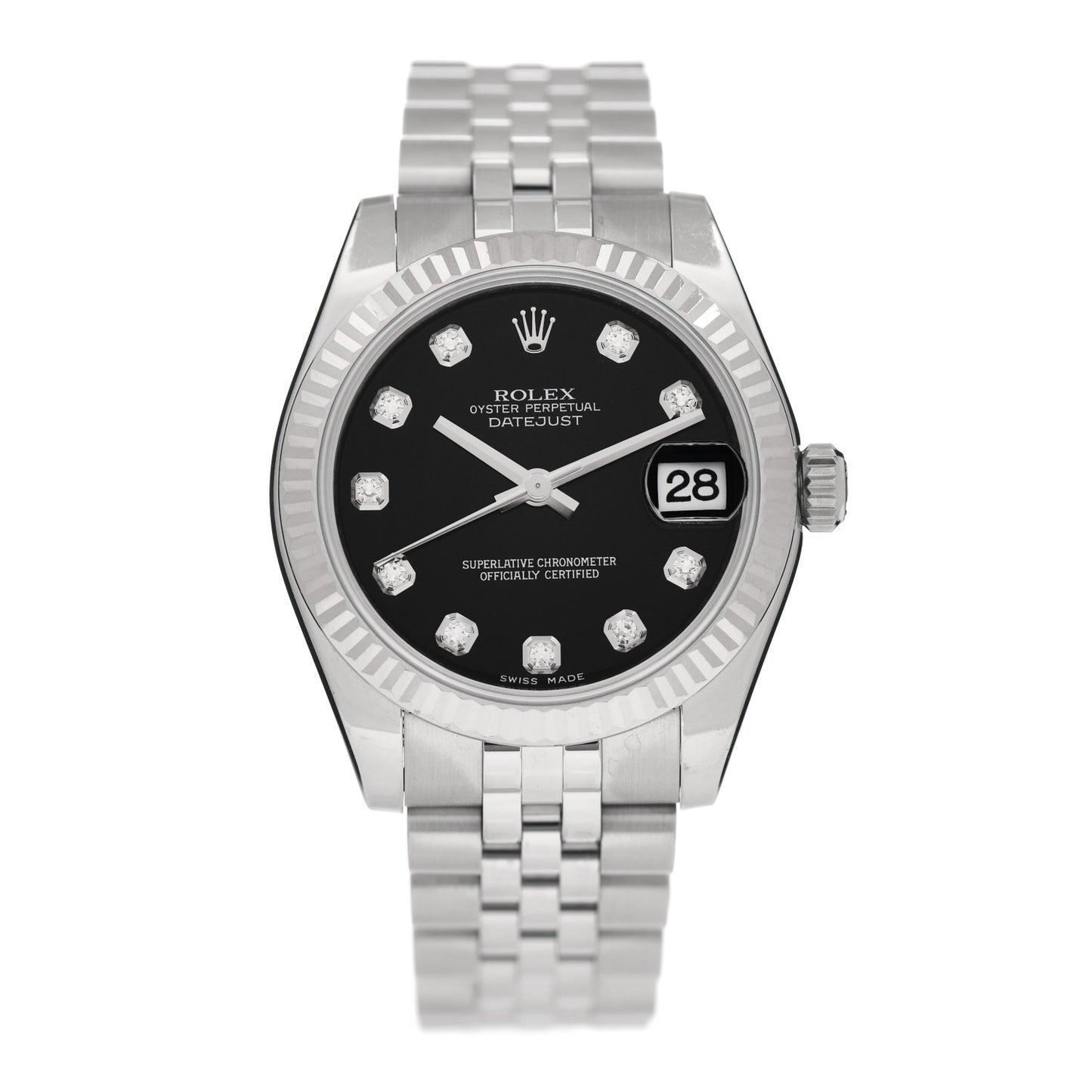 Stainless Steel 18K White Gold Diamond 31mm Oyster Perpetual Datejust Watch Black 178274