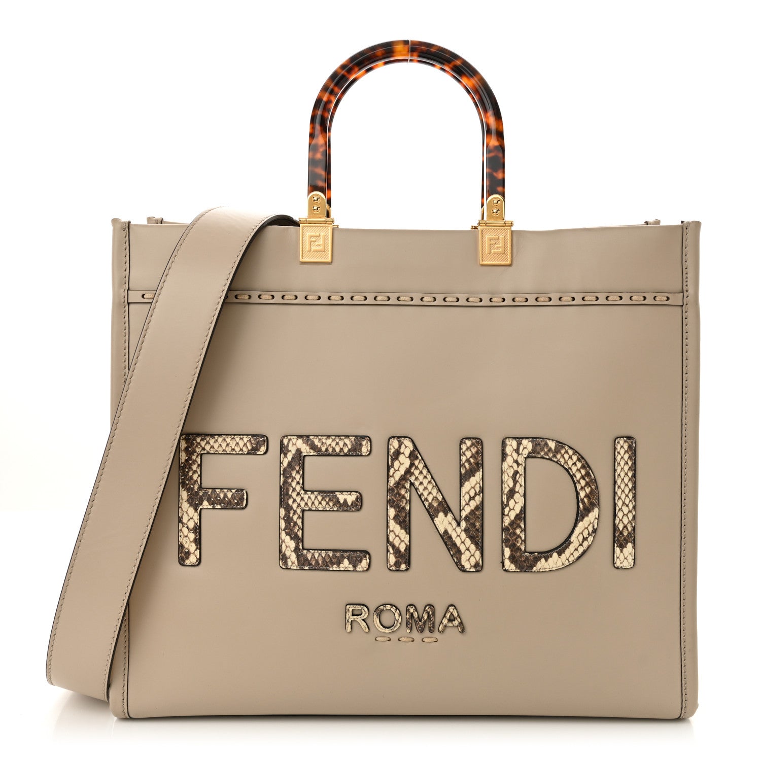Fendi Vitello King Plexiglass Elaphe Python Print Logo Medium Fendi Sunshine Shopper Tote Tartufo Daisy Roccia 1 of 14