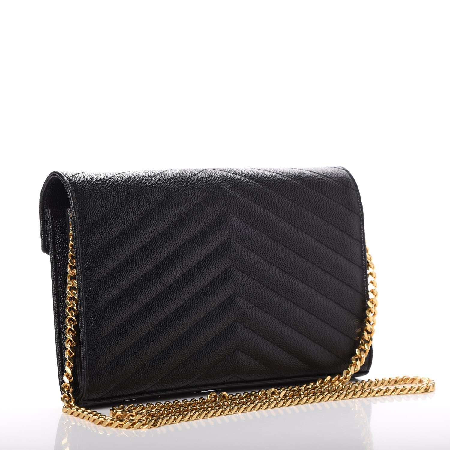 Saint Laurent Grain De Poudre Matelasse Chevron Monogram Chain Wallet Black 3 of 7